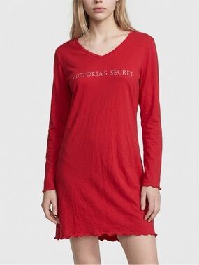 Victoria's Secret Red V-Neck Long Sleeve Sleep Dress